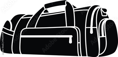 Black and white silhouette illustration of duffel bag, travel luggage, gym sports bag with compartments, handles, shoulder strap, modern functional design