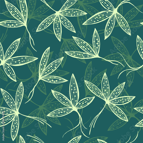 Seaweed marine plant vector endless pattern with elegant leaves on emerald background. Seamless seaweed marine fauna ornament, delicate decotative aquatic botanicals. Nature design stylized textile pr