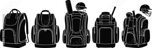 Black and white silhouette illustration of cricket gear backpacks, sports equipment bags with bats, helmets, stumps, functional design, athletic travel accessory icon
