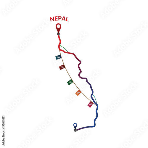 Himalayan Trekking Route Map Vector - Everest Base Camp Nepal Bhutan Travel Illustration with Prayer