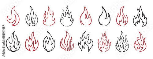 Hand drawn flames doodle set simple line art fire design