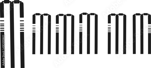 Cricket stumps and bails icon set, wicket silhouette front view sports equipment isolated on white background vector illustration collection