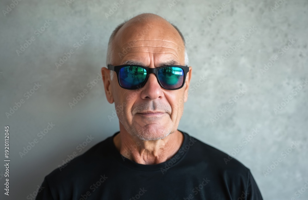 Fototapeta premium Elderly man with grey hair wears black t-shirt, modern sunglasses. He poses for portrait against textured grey wall. His expression is neutral, contemplative. This shot works for lifestyle or fashion.