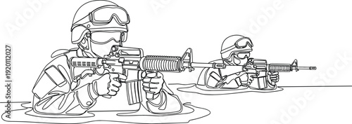 Continuous one line drawing of two soldiers in tactical gear with rifles wading through water concept