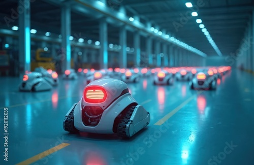 Wallpaper Mural Autonomous robots with red lights move together on a blue floor in a large warehouse. They are coordinated and efficient, representing advanced automation and future tech. Torontodigital.ca