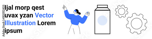 Design, creativity, teamwork, innovation, development, and packaging. Person gesturing towards a packaging box and cogwheels. Design and creativity concepts for teamwork and innovation