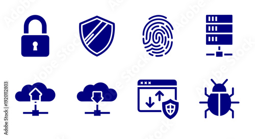 Cybersecurity and Data Protection Vector Icons. Padlock, Shield, Fingerprint, Cloud, Server, and Malware Symbols.