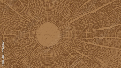 Cross-section of a tree trunk, annual growth rings pattern vector illustration