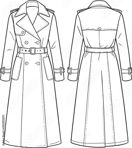 Classic Double Breasted Belted Trench Coat Technical Flat Sketch Front and Back View Fashion Apparel Line Drawing Template
