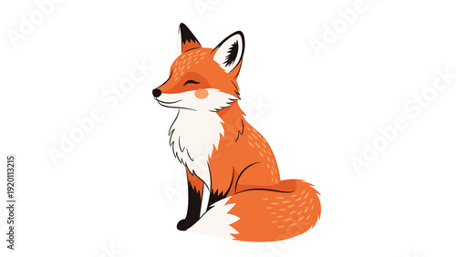 Beautiful illustration of a sitting orange fox with a white tail tip and eyes closed for forest animal and nature themed art.