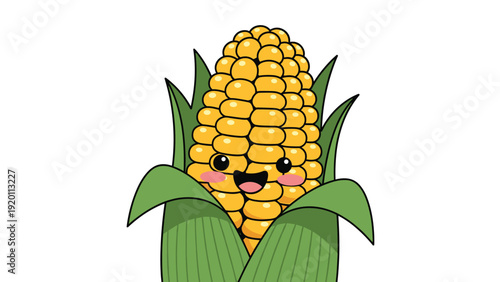 Funny cartoon corn character with a smiling face and green husks for healthy eating and agriculture themed educational materials.