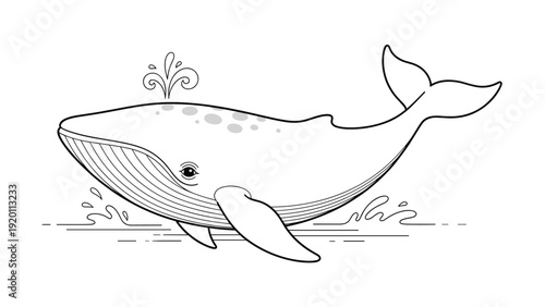 Detailed line art illustration of a large whale swimming in the ocean water for marine life and environmental conservation themes.