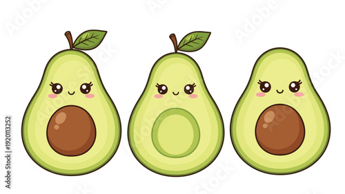 Group of three cute avocado characters with happy faces showing a whole fruit and halves for healthy food and nutrition themes.