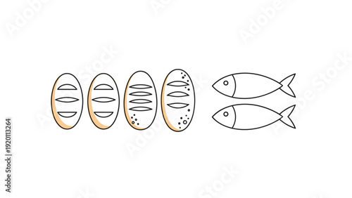 Simple symbolic drawing of four loaves of bread and two fish representing a biblical miracle on a plain white background.