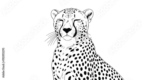 Artistic black and white sketch of a cheetah face with detailed spots and closed eyes in a serene and peaceful expression.