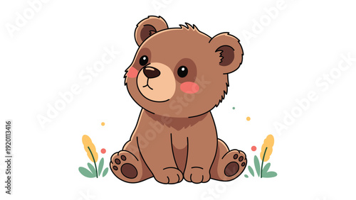 Charming cartoon brown bear cub sitting amongst simple green grass and yellow flowers on a white background, looking curious.