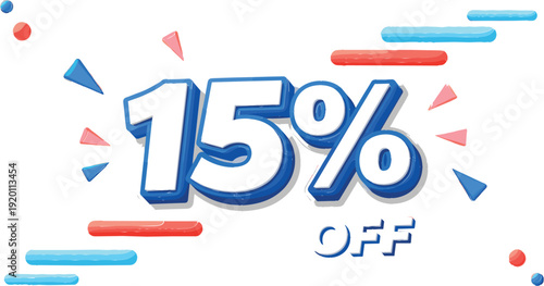 Modern 3D 15 percent off discount text in blue and white with dynamic motion lines, promotional sale sticker for e-commerce and retail marketing campaigns