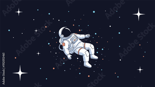 Brave astronaut floating in the vastness of dark space, surrounded by numerous small stars and several large bright shining stars.