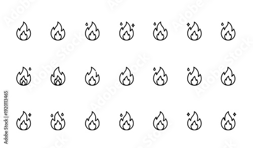 Minimal Line Art Fire Flame Icons Monoline Heat Symbols Isolated on White Background