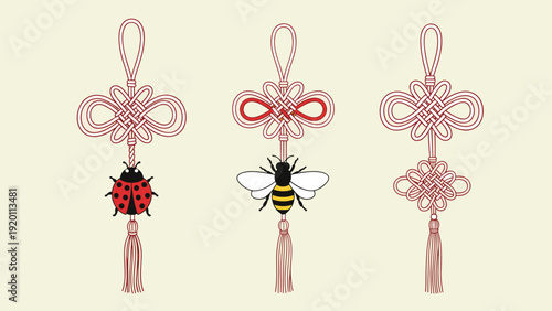Three traditional oriental decorative knots in red and pink, featuring a ladybug, a honey bee, and a classic knot design at the end.