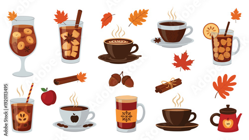 Cozy autumn beverage collection featuring various coffee cups, spiced drinks, falling leaves, acorns, cinnamon sticks, and a teapot.