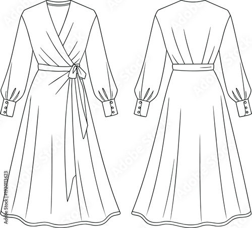 Elegant Long Sleeve Wrap Maxi Dress Technical Flat Sketch Front and Back View Fashion Apparel Line Drawing Template