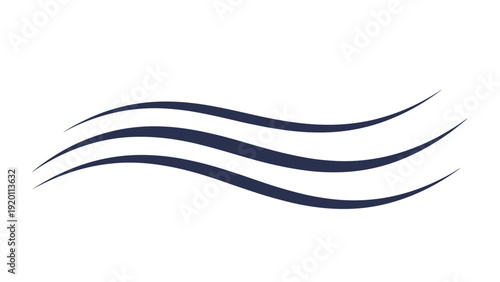 Three dark blue wavy lines represent abstract wind, water currents, or air flow for clean and simple graphic design elements.