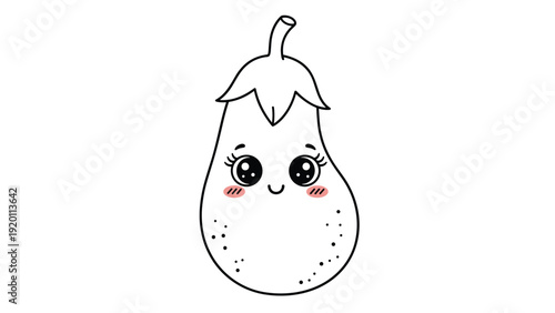 Cute cartoon eggplant outline drawing with a smiling face and blushing cheeks offers a fun coloring page or food-themed illustration.