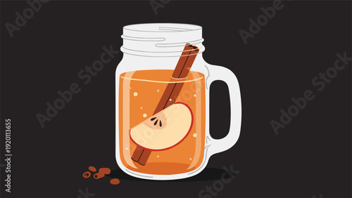 Glass jar filled with warm apple cider featuring a fresh apple slice and cinnamon stick represents cozy autumn and winter drinks.
