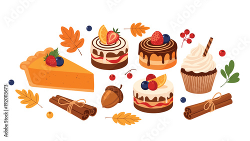 Autumn-themed dessert collection features pumpkin pie, chocolate cakes, cinnamon sticks, and colorful leaves for seasonal celebration.