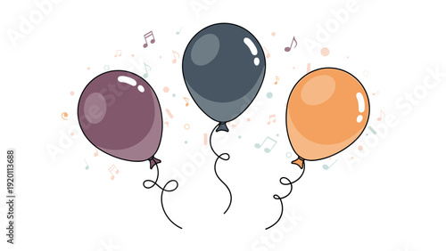 Three festive balloons in dark purple, blue, and orange floating amidst musical notes create a celebratory and melodic atmosphere.