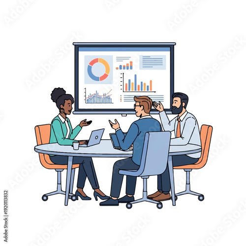 Illustration of a diverse team collaborating and presenting data on a screen in a meeting with a professional and informative mood.