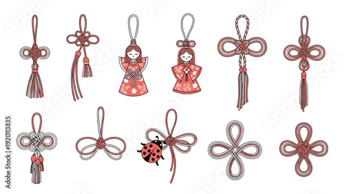 Set of traditional Japanese knots and ornamental figures in red and white tones illustrates cultural art and decorative craft.