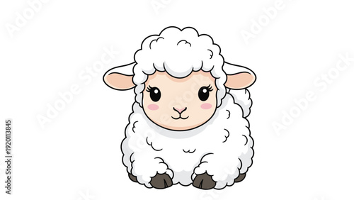 Adorable white sheep with a fluffy fleece and friendly face sits peacefully against a clean background for nursery and kid designs.