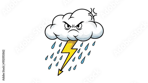 Angry grey cloud with a fierce expression throwing a lightning bolt and raindrops depicts a powerful storm and bad weather mood.