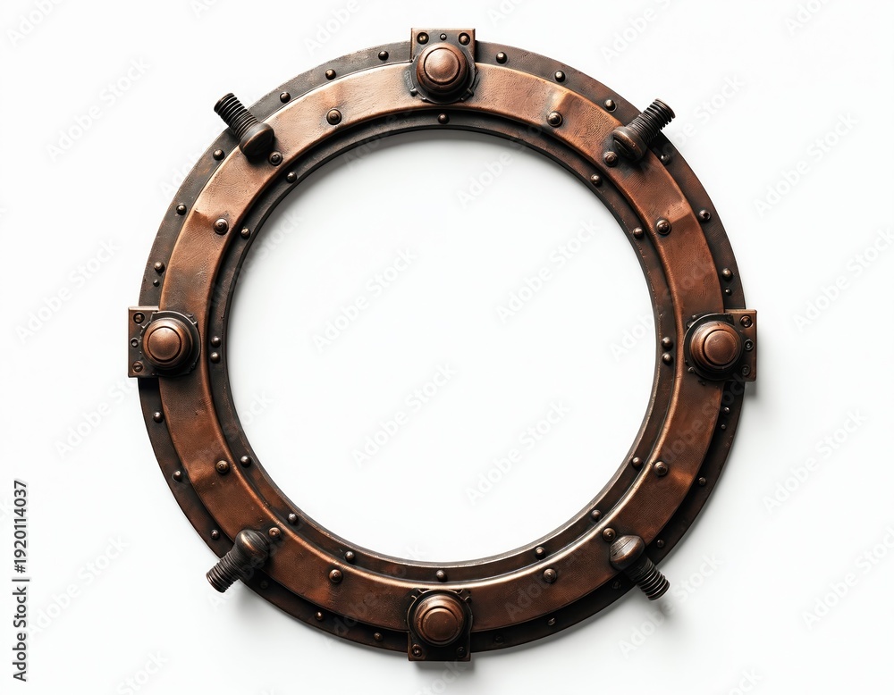 Naklejka premium Round metal porthole window with rivets and bolts. Nautical ship design, industrial frame, maritime steampunk decor element. Circular opening for ocean view.