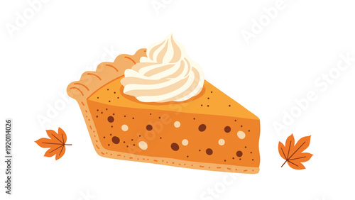 Slice of delicious pumpkin pie topped with a swirl of whipped cream and surrounded by autumn leaves represents traditional fall feasts.