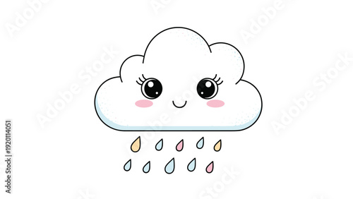 Cute smiling cloud with colorful raindrops falling from it provides a cheerful and playful take on rainy weather for children.