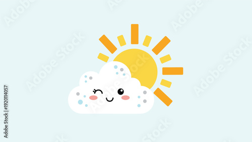 Cute smiling sun behind a winking cloud with rosy cheeks on a light blue background illustrates a happy and bright sunny day.