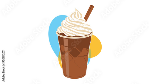 Refreshing iced coffee or chocolate drink with whipped cream, cinnamon stick, and ice cubes against a colorful abstract background.