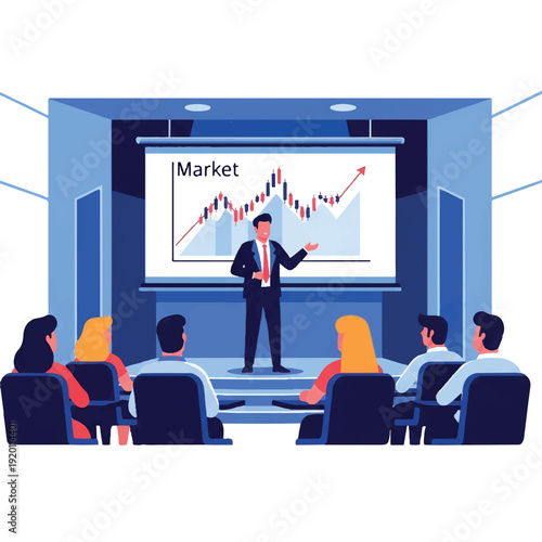 Illustration of a businessman presenting a market graph to an audience in a conference room with a professional and informative mood.