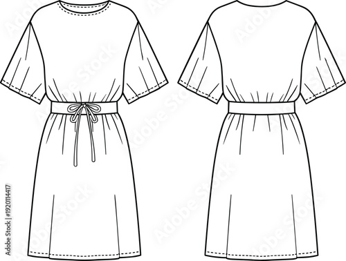 Short Sleeve Midi Dress with Drawstring Waist Technical Flat Sketch Front and Back View Fashion Apparel Template