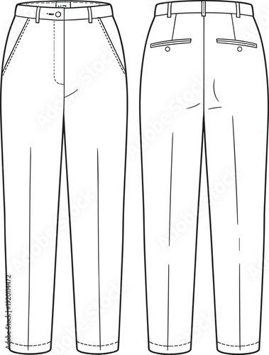 Tailored Slim Fit Trousers Technical Flat Sketch Front and Back View Fashion Apparel Line Drawing Template