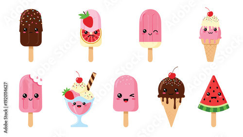 Large set of kawaii ice cream and popsicle characters with funny faces is perfect for summer treats and sweet shop graphic design projects.