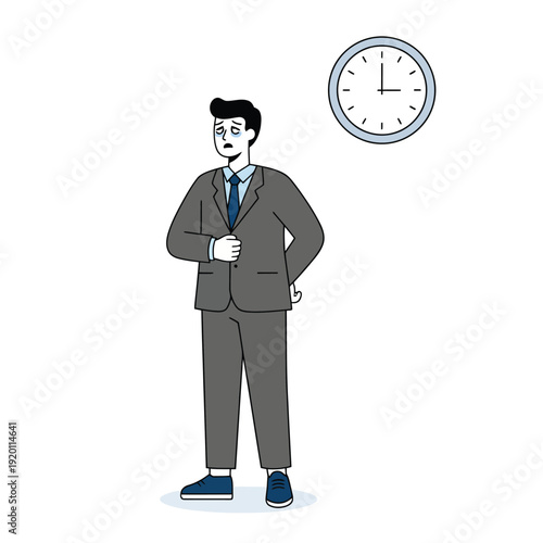 Late night work and deadline pressure concept. Professional male character feeling the burden of long working hours and overtime in a minimalist style.