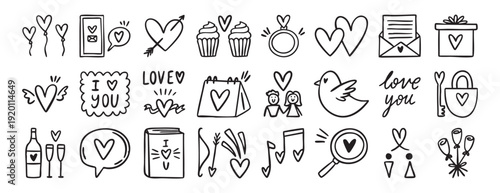 Valentines day love icons set collection doodle hand drawn icon. Outline drawing heart line clipart symbol.