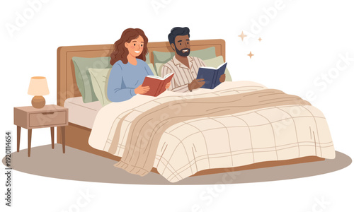 Couple Reading Books in Bed Flat Vector Illustration (Cozy Peaceful Bedtime Routine) – White Background