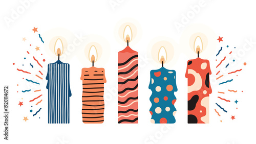 Decorative celebratory candles with patterns and sparks create a festive atmosphere for birthday parties and special holiday events.