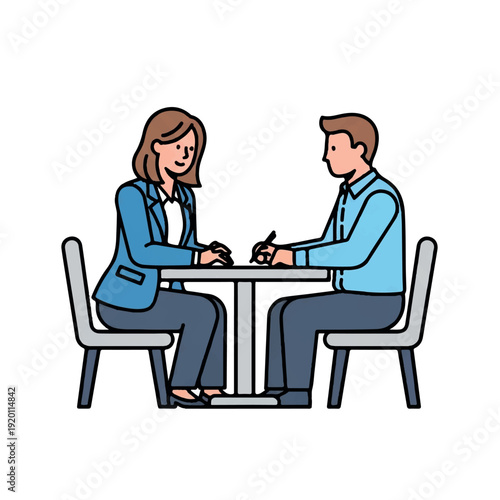 Line drawing of a man and woman sitting across from each other at a table with a cup and saucer in a casual, conversational setting.