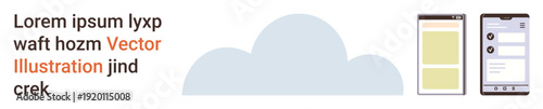Cloud computing, mobile applications, user experience design, data storage, technology services, interface layout. A cloud icon and two mobile screens with placeholder text. Cloud computing